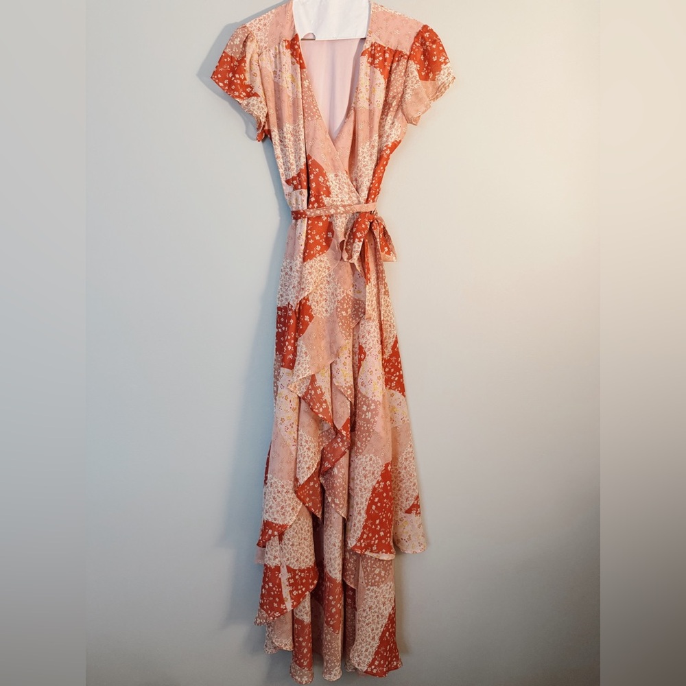 Frilly Pink Wrap Maxi Dress with Slit – Blue Rain (Size Medium)